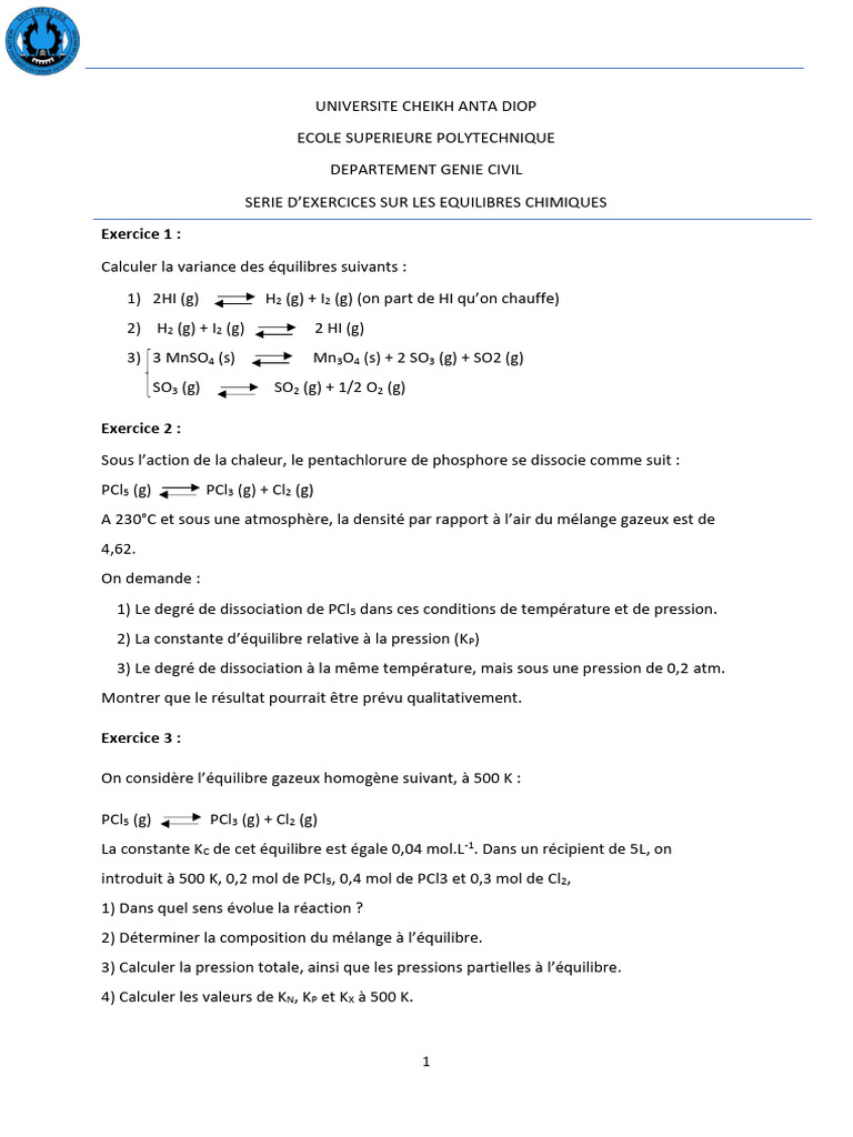 Exercices sur les Équilibres Chimiques | PDF | Équilibre chimique ...