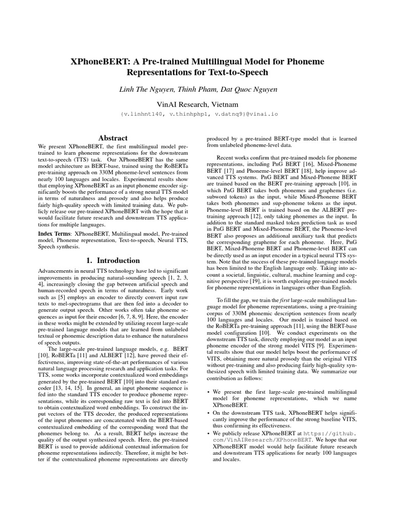 XPhoneBERT: Multilingual Phoneme Model | PDF | Speech Synthesis ...