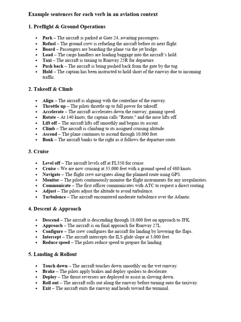 Aviation Verbs: Example Sentences | PDF | Aircraft | Transport Safety
