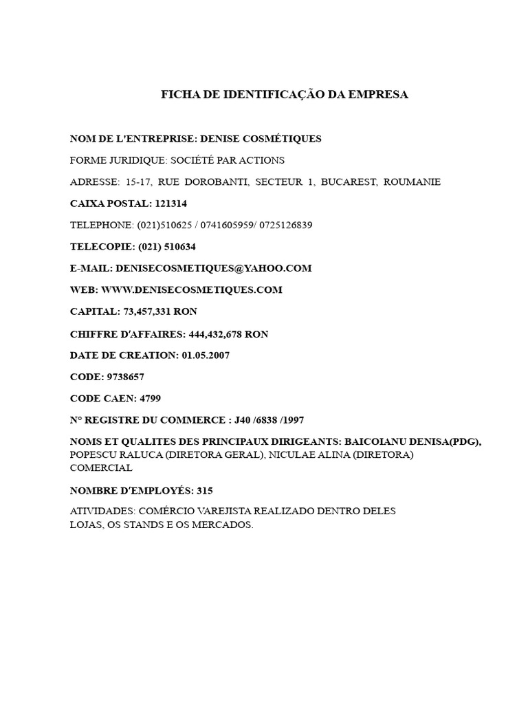 Ficha da Empresa Denise Cosméticos | PDF