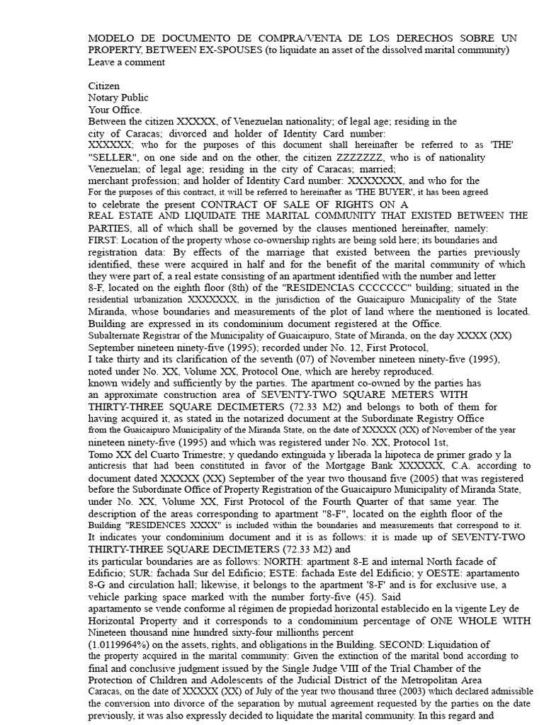 MODEL DOCUMENT OF PURCHASE AND SALE OF RIGHTS OVER A PROPERTY, BETWEEN ...