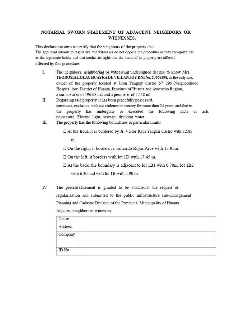 Notarial Sworn Statement of Adjacent Neighbors or Witnesses | PDF