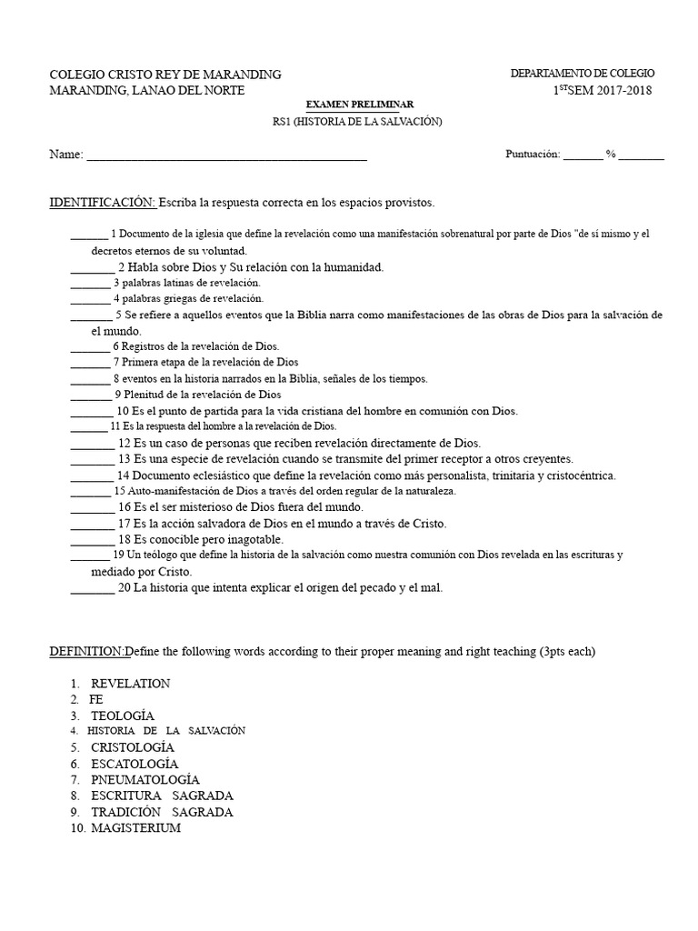 Examen de Historia de la Salvación 2017-2018 | PDF | Salvación | Dios