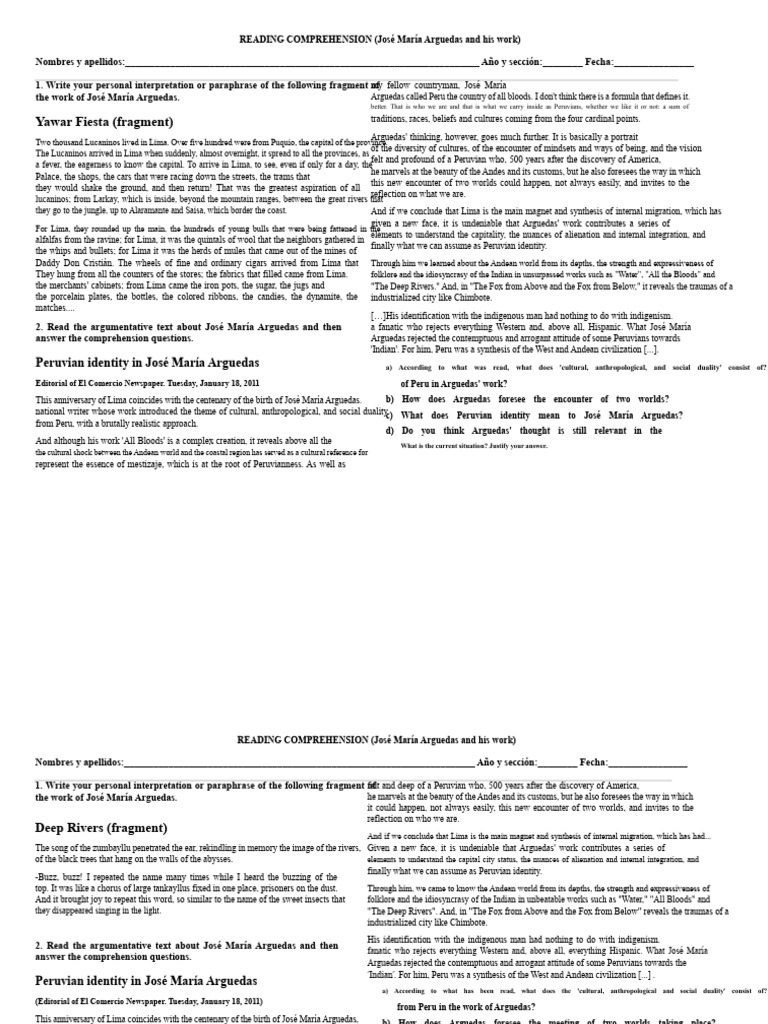 Reading Comprehension Arguedas | PDF | Peru