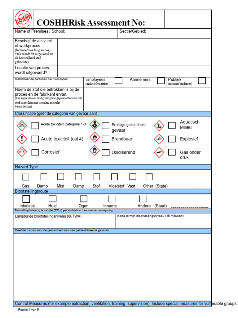 CoSHH Leeg Risico Beoordelingssjabloon | PDF