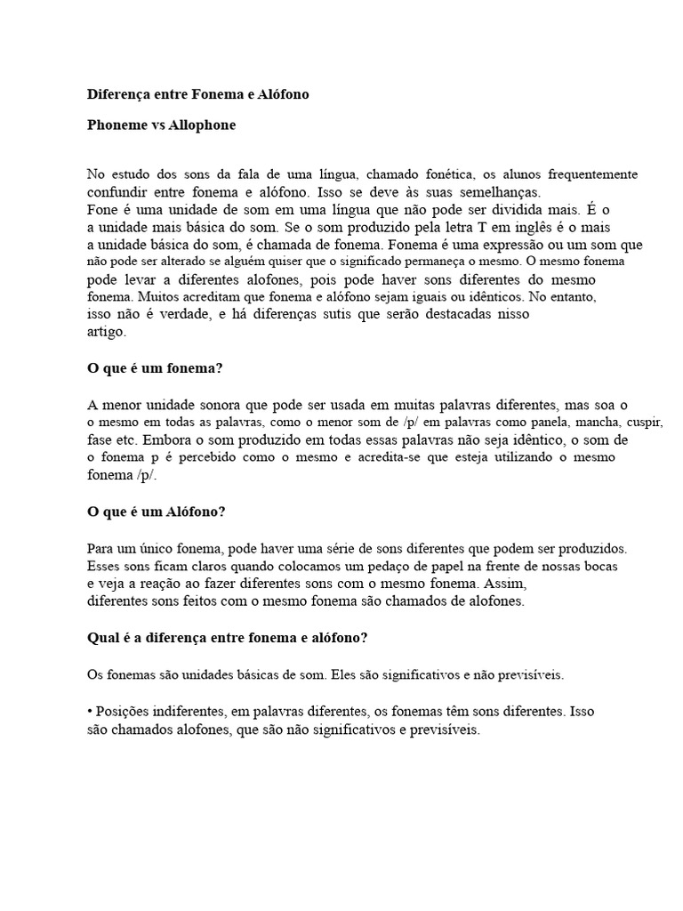 Fonema vs Alófono: Entenda as Diferenças | PDF