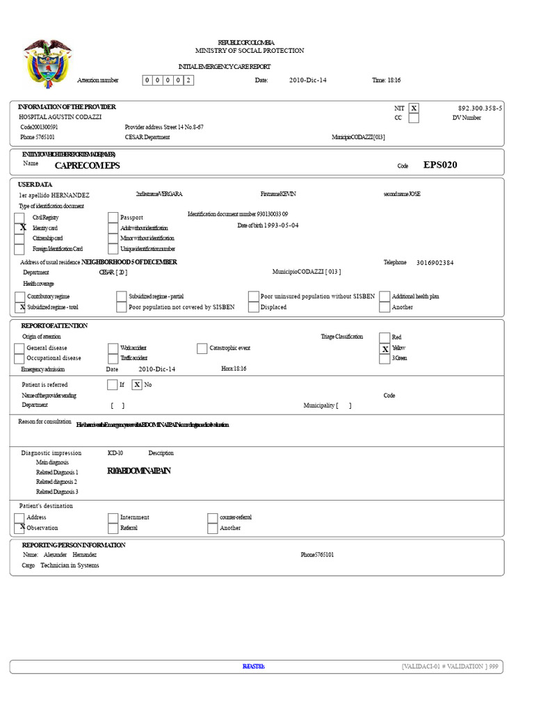Initial Emergency Care Report | PDF | Identity Document | Government ...