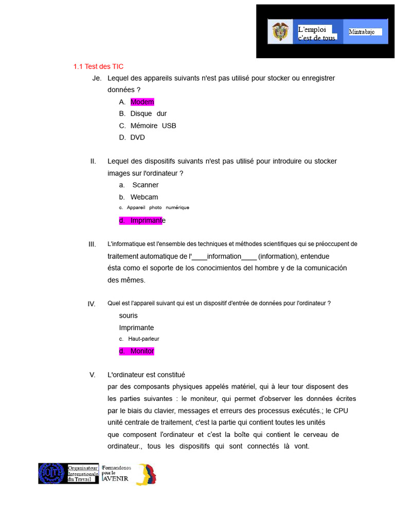 Test des TIC : Concepts de base | PDF | Matériel informatique | Clavier ...