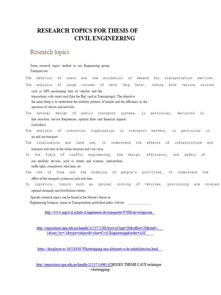 Civil Engineering Thesis Research Topics | PDF | Transport