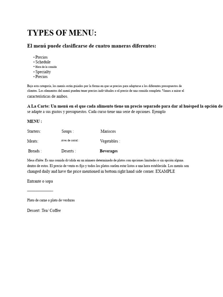 Tipos de Menús en Restaurantes | PDF | Cena | Almuerzo