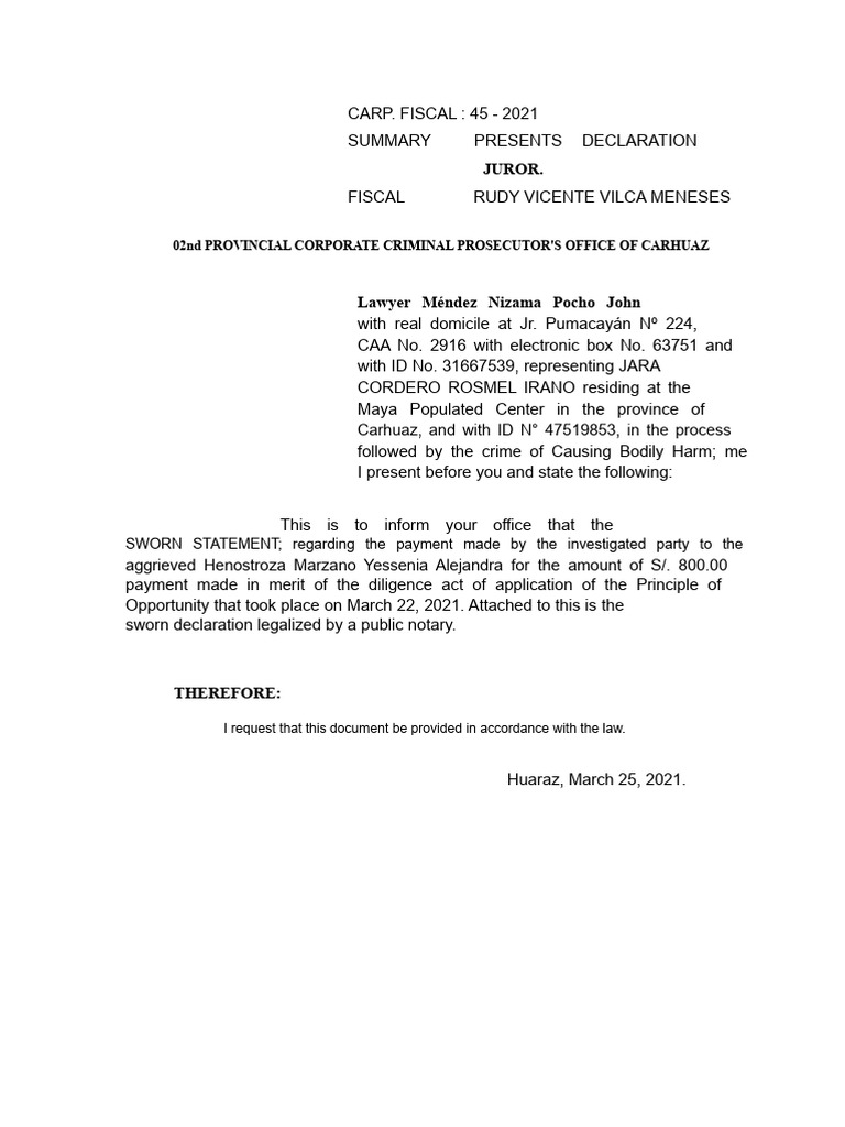 Sworn Statement on Bodily Harm Case | PDF