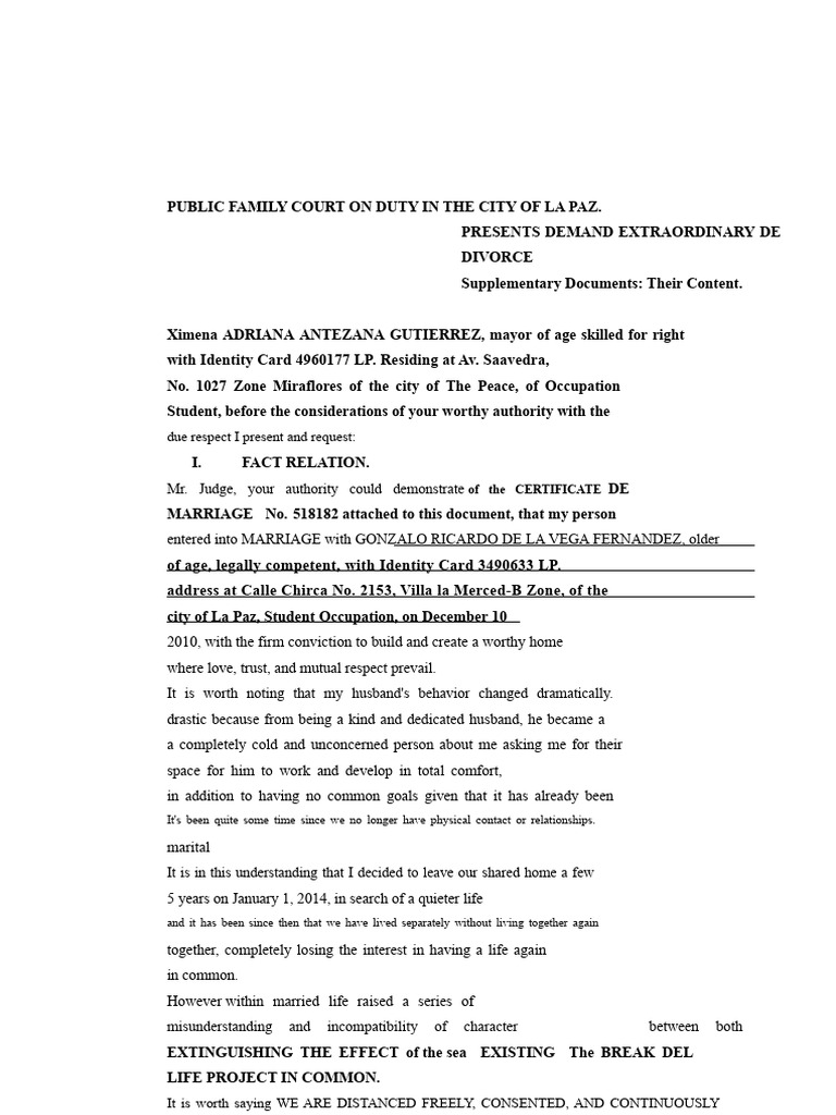 Divorce Petition in La Paz Family Court | PDF | Divorce | Marriage