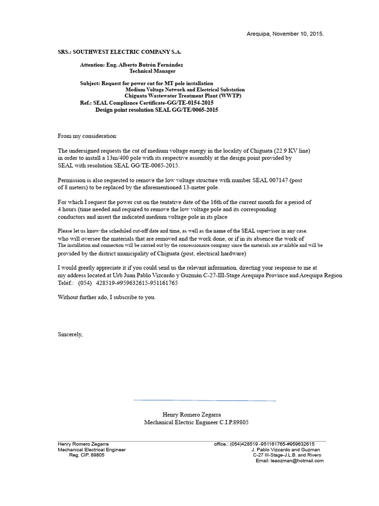 Power Cut Request for Pole Installation | PDF | Power Engineering ...