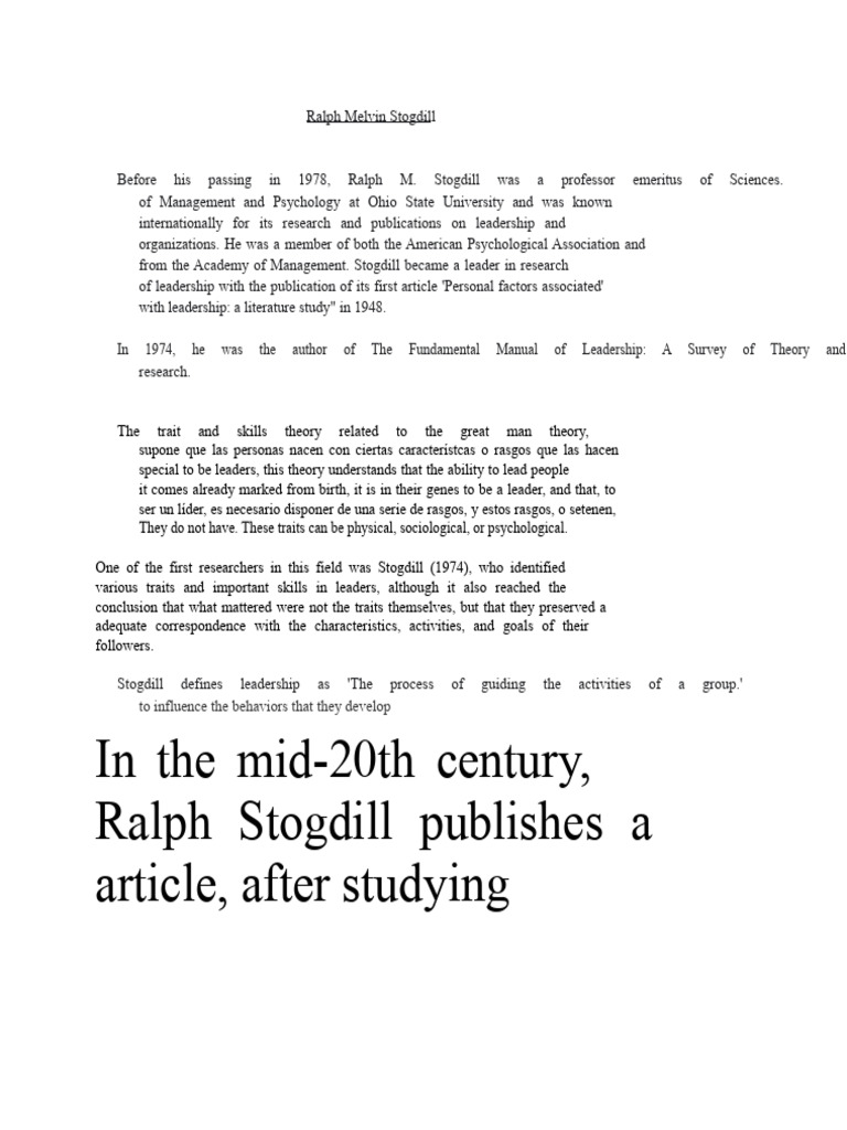 Ralph Stogdill's Leadership Theories | PDF | Leadership | Psychology
