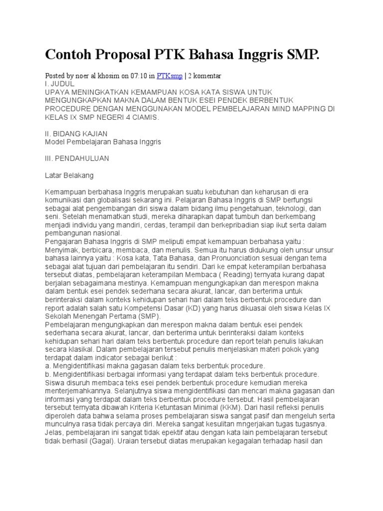 Contoh Proposal PTK Bahasa Inggris SMP 1
