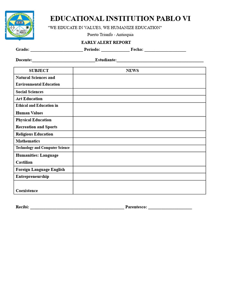 Early Alert Report for Pablo VI School | PDF