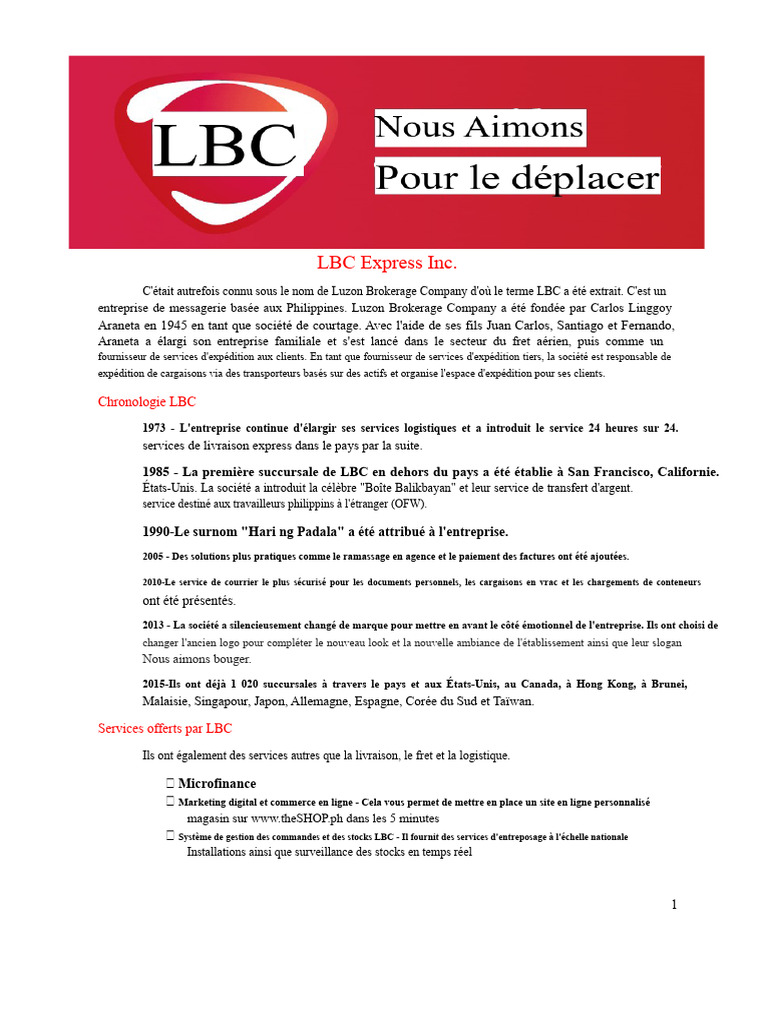 Histoire et services de LBC Express Inc. | PDF | Entrepôt | Logistique