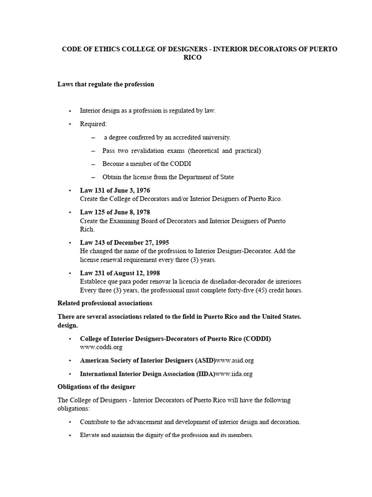 Code of Ethics for Puerto Rico Interior Designers | PDF | Profession ...