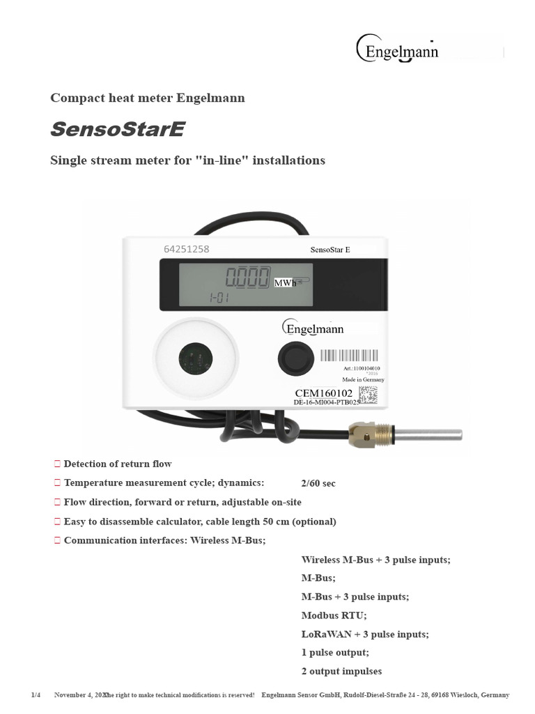 Engelmann SensoStarE Heat Meter Specs | PDF | Flow Measurement ...