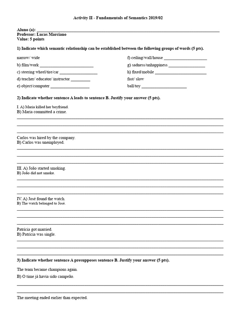 Semantics Relationships and Analysis Exercise | PDF | Semantics | Grammar