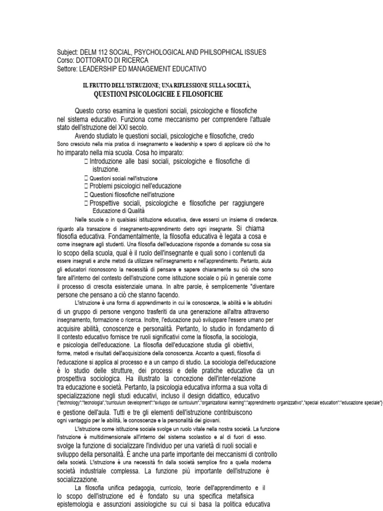 Riflessione in DELM 112 - Questioni Sociali-Psichologiche e Filosofiche ...