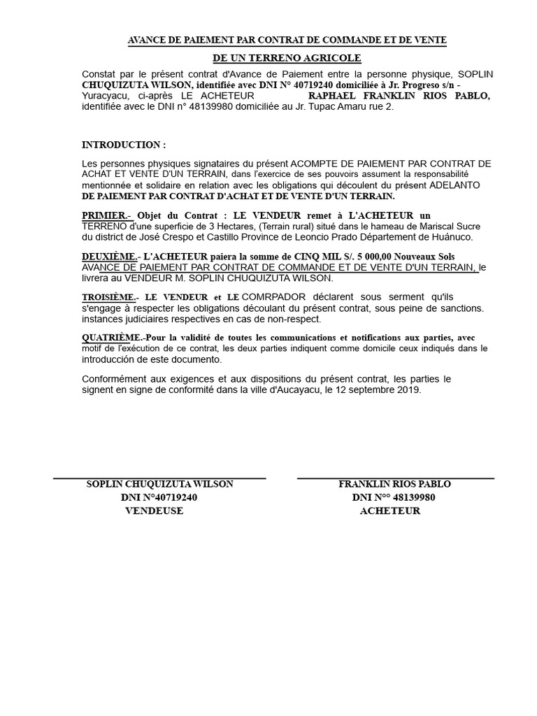 Contrat d'Avance de Paiement Terrain | PDF