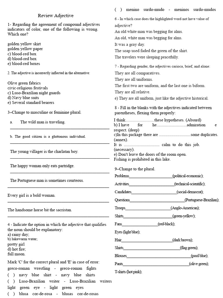 Adjective Review 6th Grade | PDF | Grammatical Gender | Plural