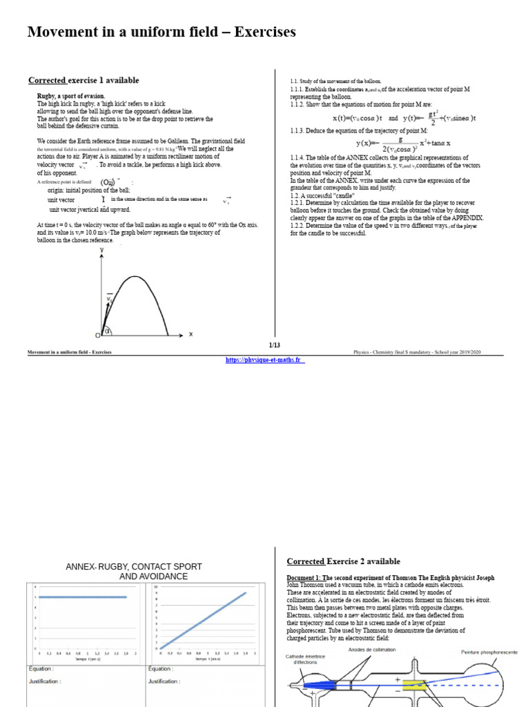 Uniform Field Motion Exercises | PDF | Electron | Force