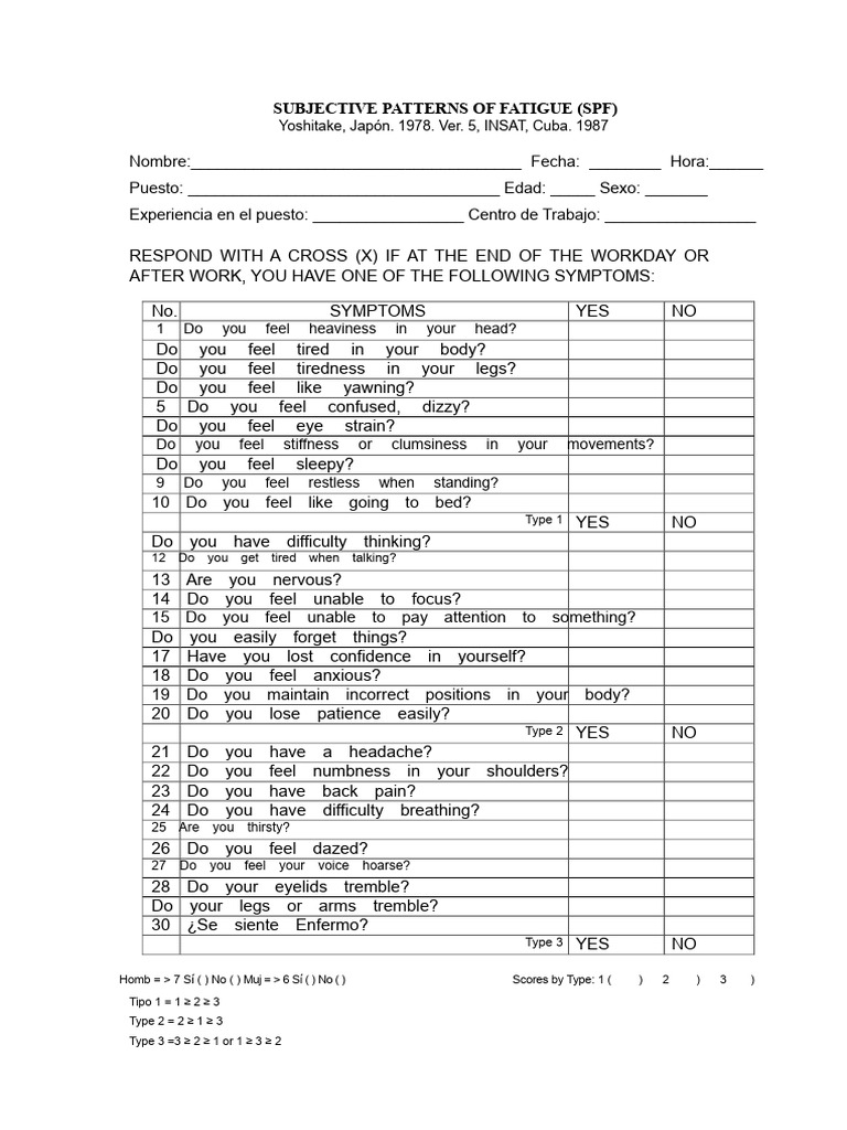 Subjective Fatigue Patterns Questionnaire | PDF | Diseases And ...