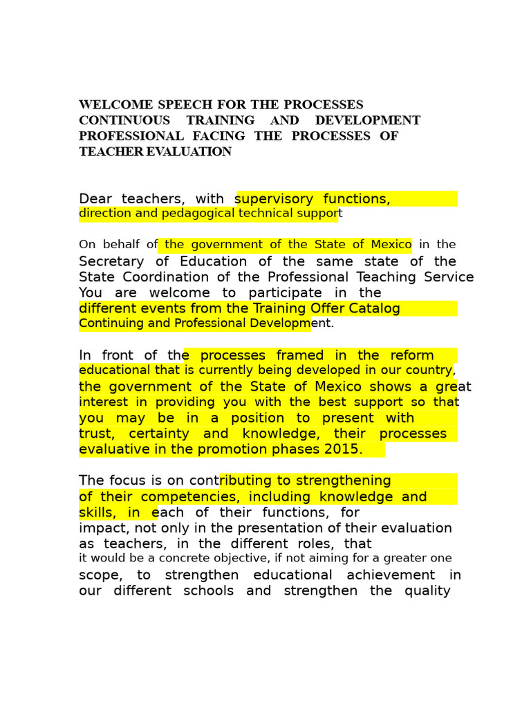 Welcome Speech for Teacher Training | PDF | Teachers | Evaluation