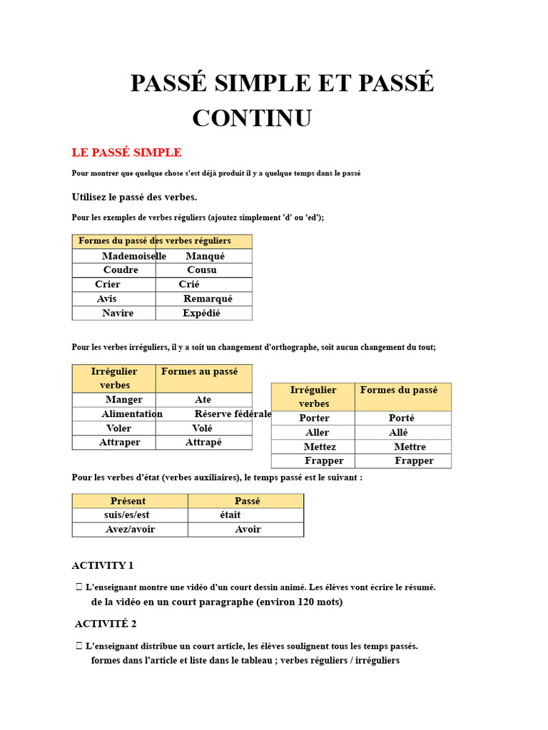 Passé Simple et Passé Continu en Français | PDF | Verbe