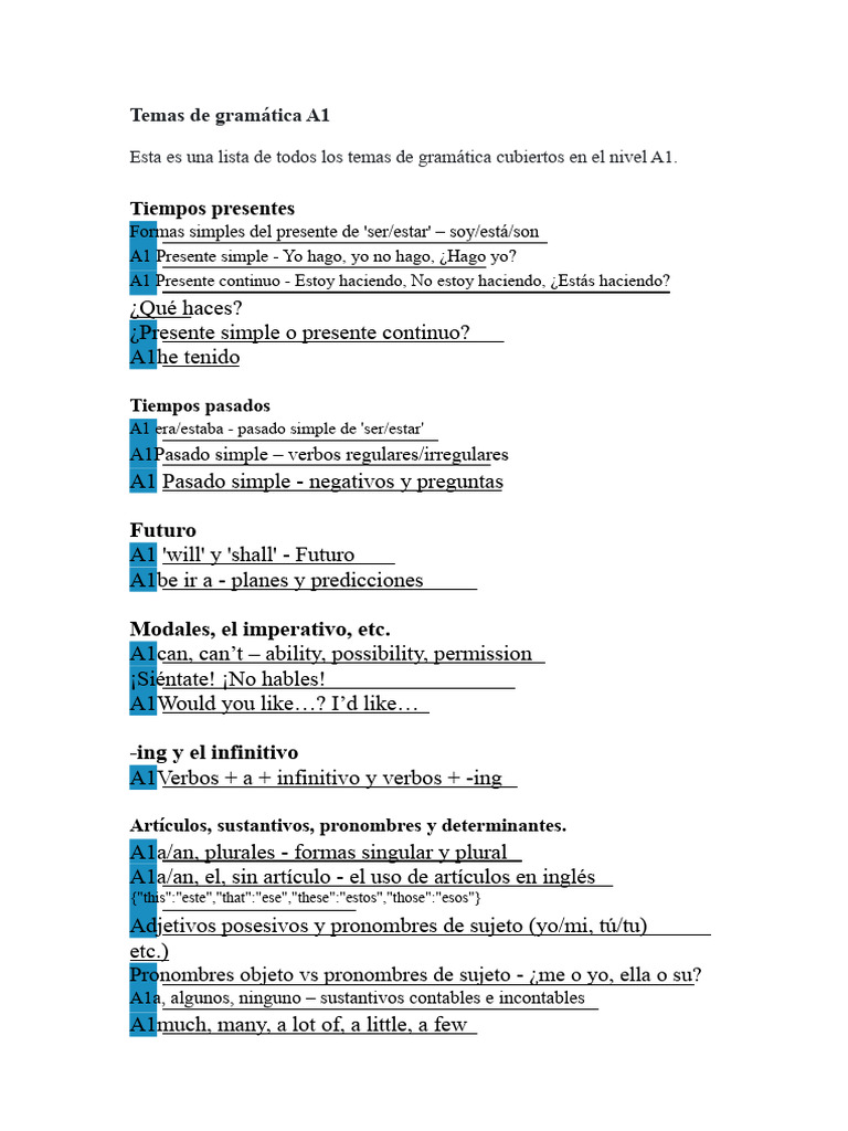 Temas de Gramática Nivel A1 | PDF | Adjetivo | Pronombre