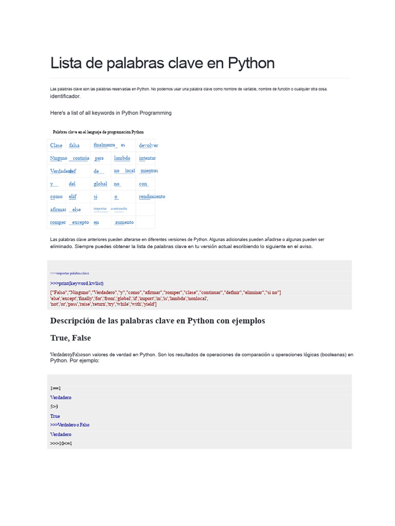 Palabras Clave en Python: Guía Completa | PDF | Python (lenguaje de ...