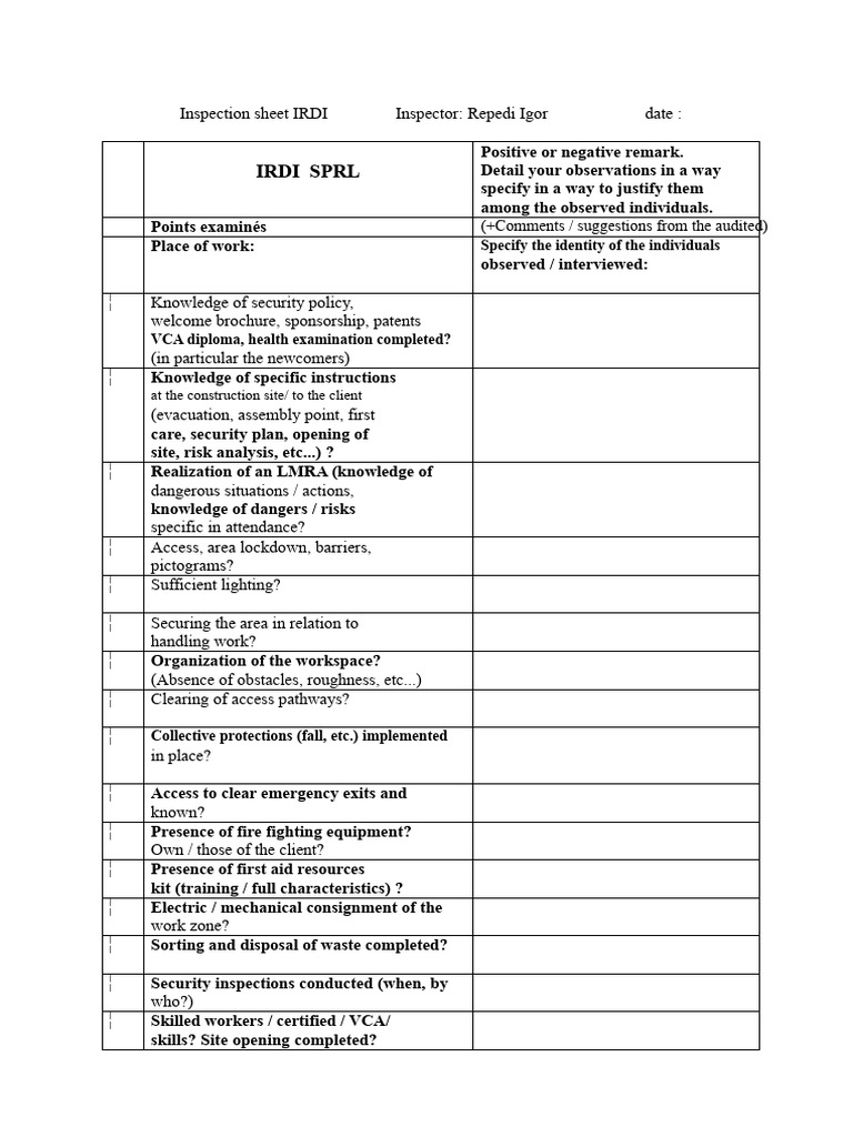 IRDI Inspection Sheet for Safety Compliance | PDF | Safety
