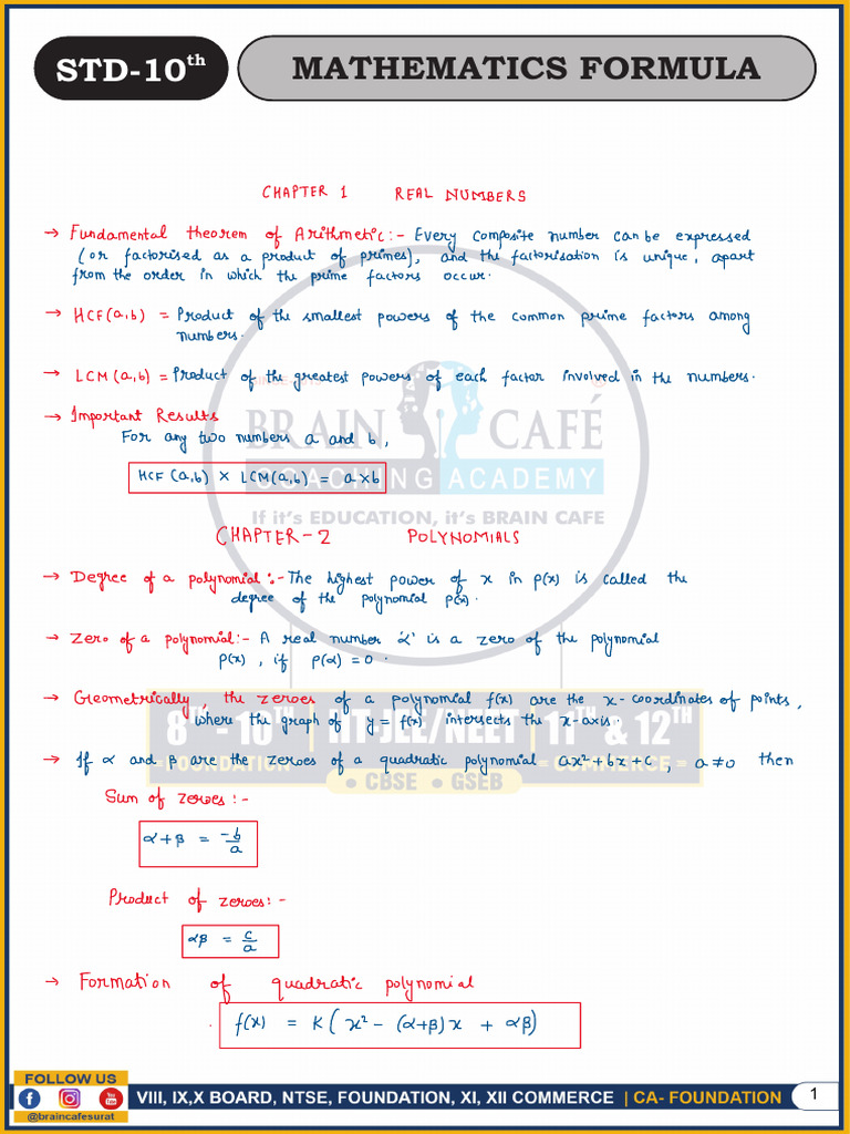 Maths 10 Formulas | PDF