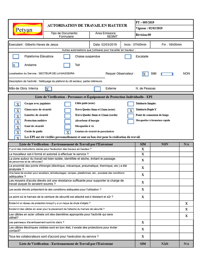 Autorisation de Travail en Hauteur 2019 | PDF