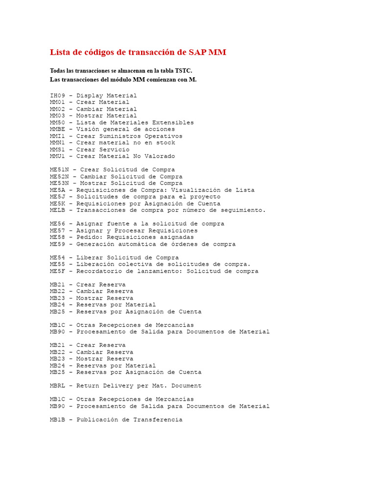 Códigos de Transacción SAP MM | PDF | Informática