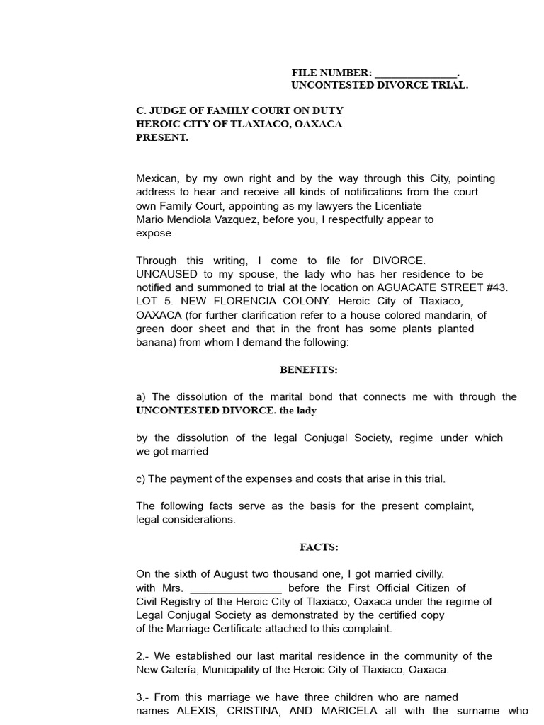 Uncontested Divorce Filing in Oaxaca | PDF | Divorce | Marriage