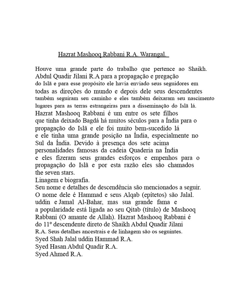 HAZRAT MASHOOQ RABBANI R.A. WARANGAL | PDF