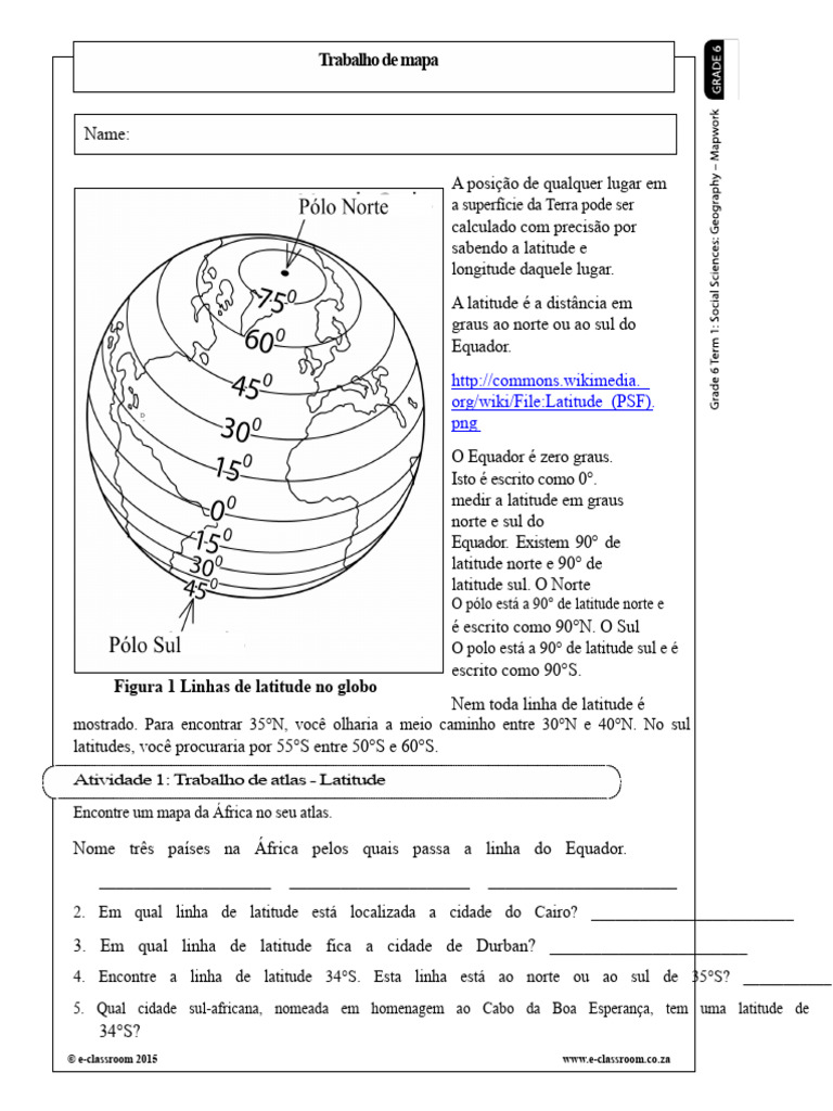 Folha de Trabalho de Geografia - 6º Ano - 1 | PDF | Latitude | Longitude