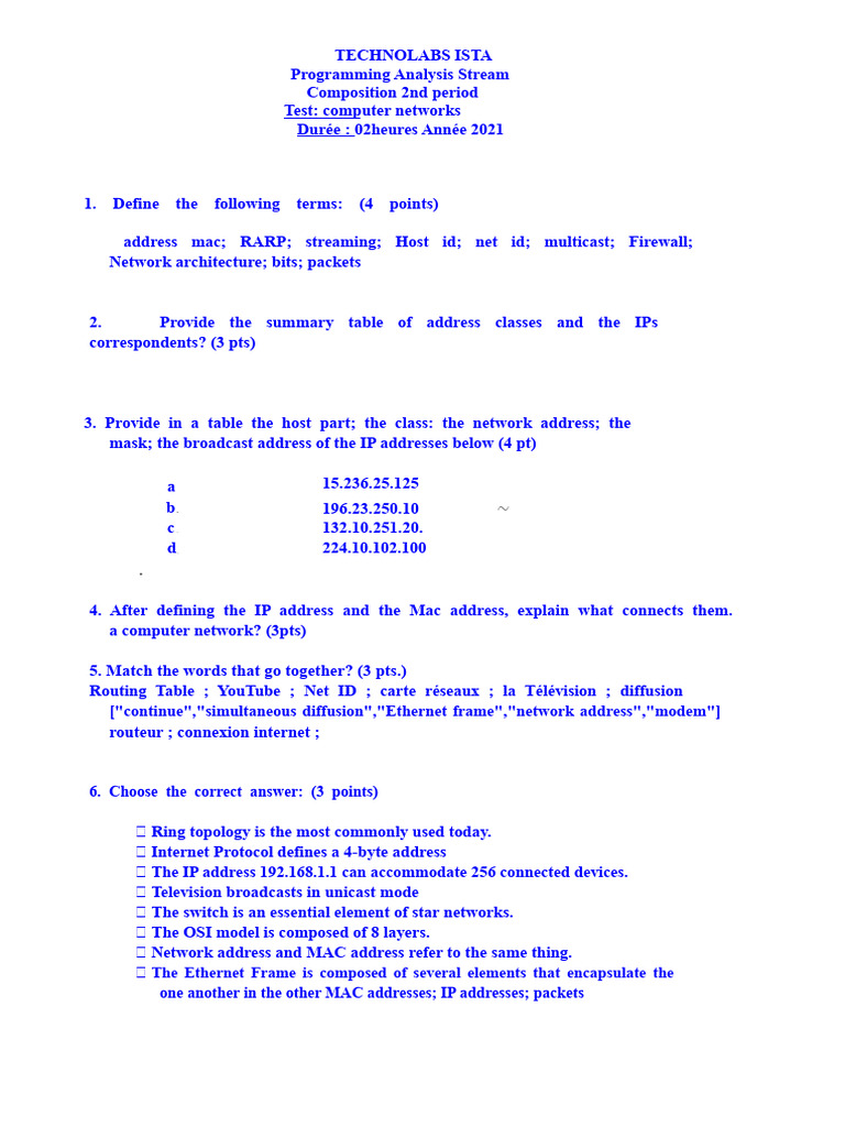 Course Exam Networks 2nd BTS 2021 | PDF
