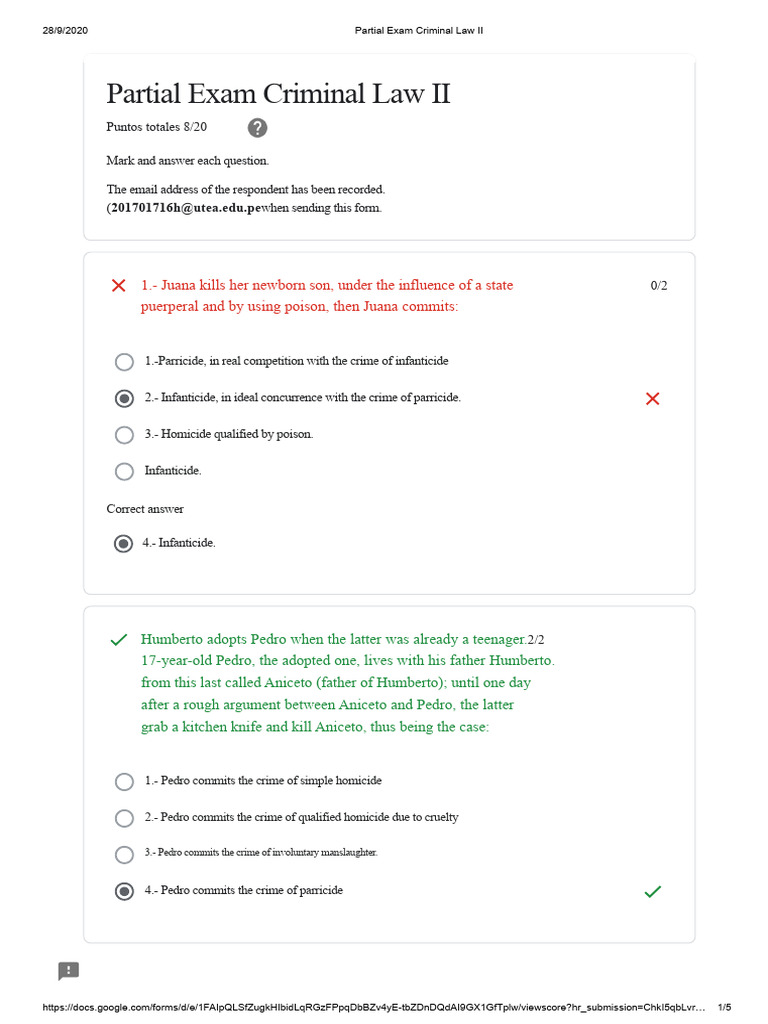 Criminal Law II Partial Exam Questions | PDF | Homicide | Crimes