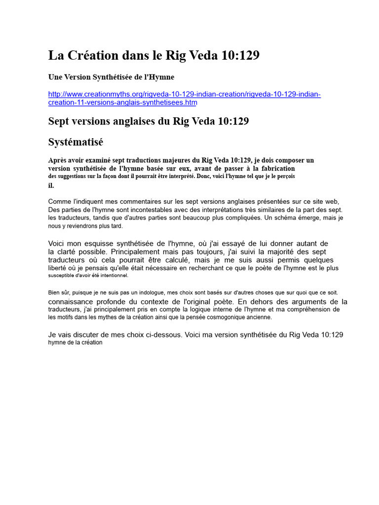 Synthèse de l'Hymne de Création du Rig Veda | PDF | Création (Bible) | Dieu