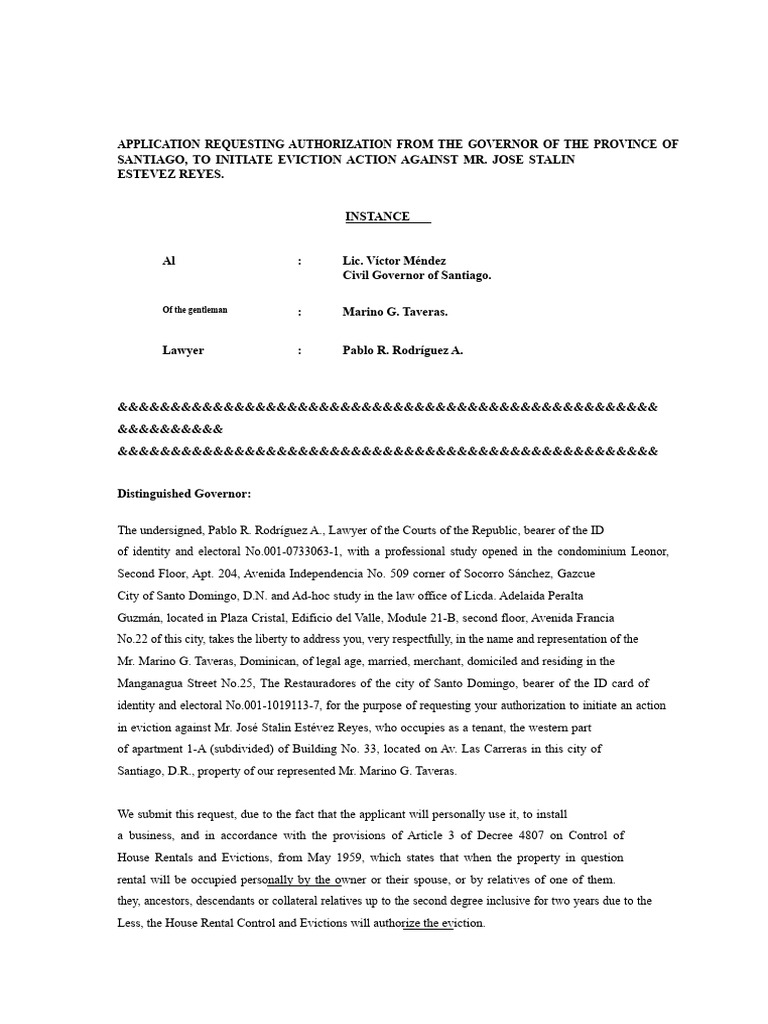 Instance Requesting Eviction Model | PDF | Eviction | Landlord–Tenant Law