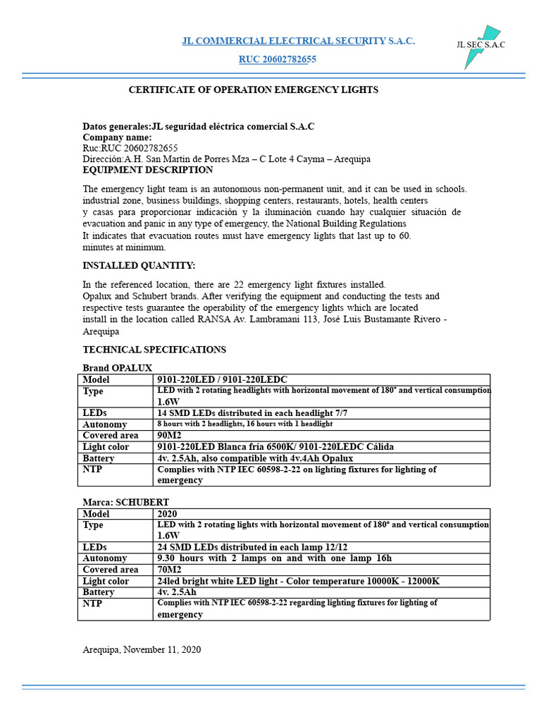 Emergency Lights Operation Certificate | PDF