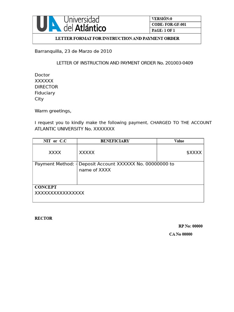 For-gf-001-Format of Instruction Letter and Payment Order | PDF