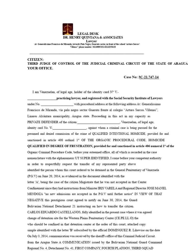 Request for Prison Transfer in Homicide Case | PDF | Prison ...