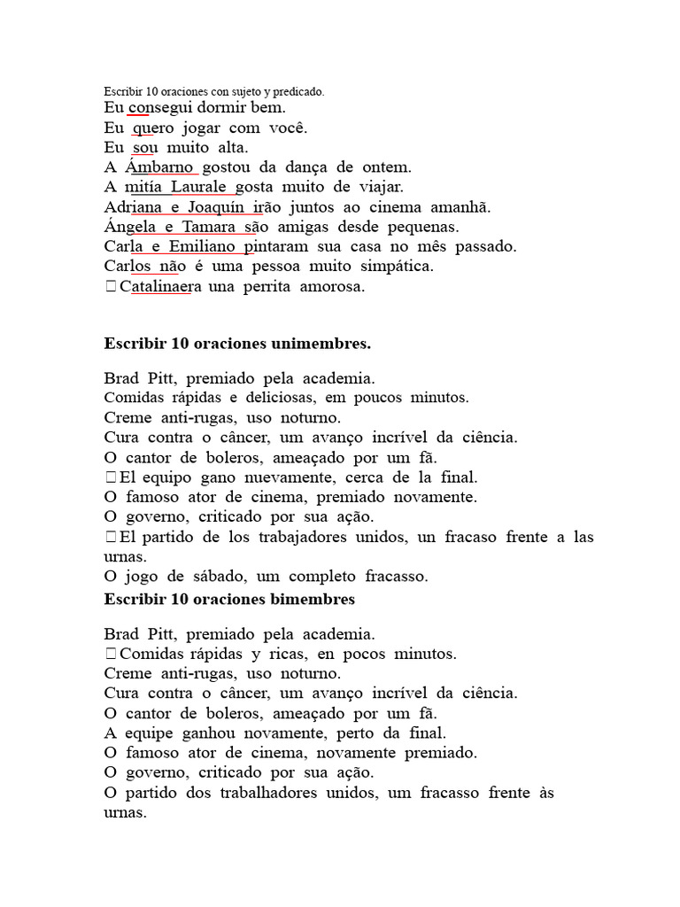 Escrever 10 frases com sujeito e predicado. | PDF
