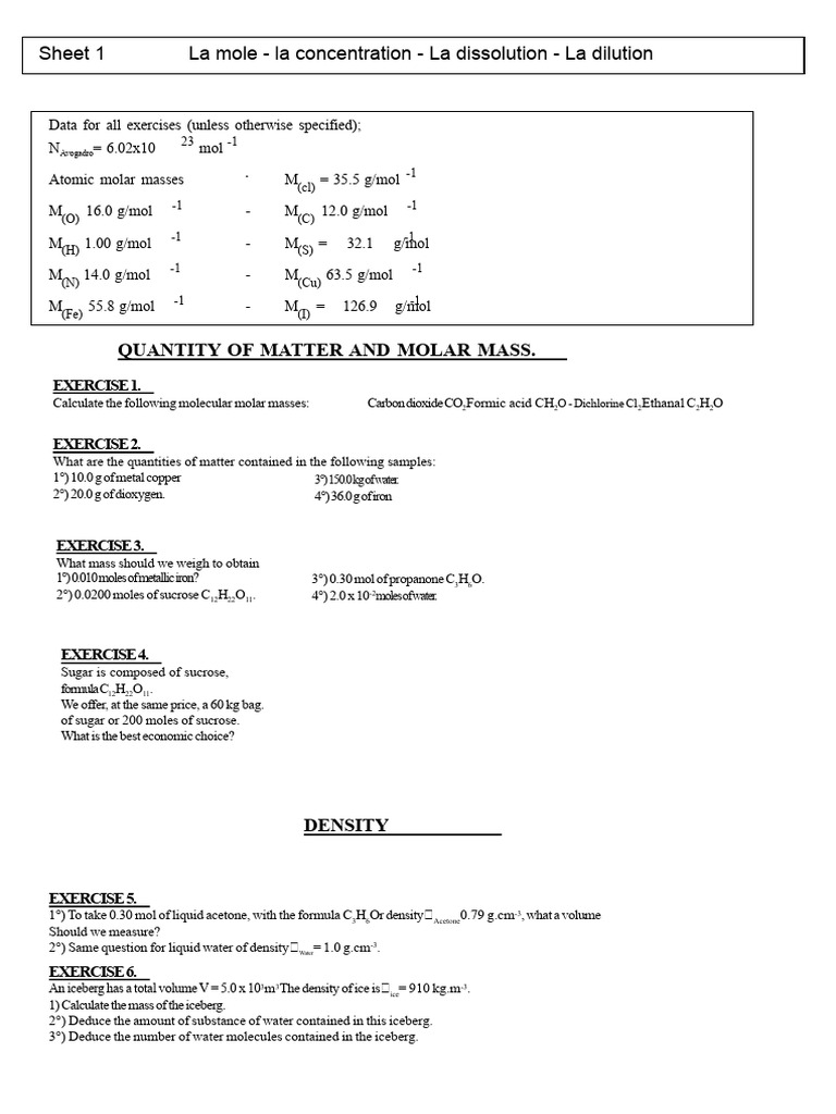 Molar Mass and Concentration Exercises | PDF | Mole (Unit) | Concentration