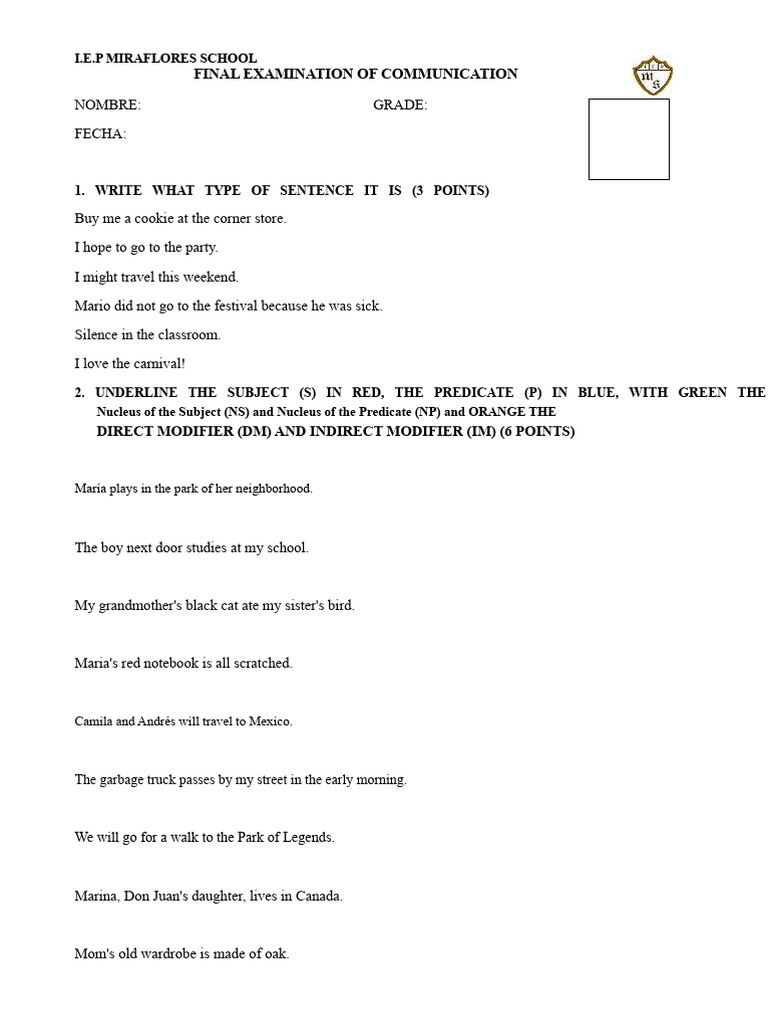 IEP Miraflores School Communication Exam | PDF